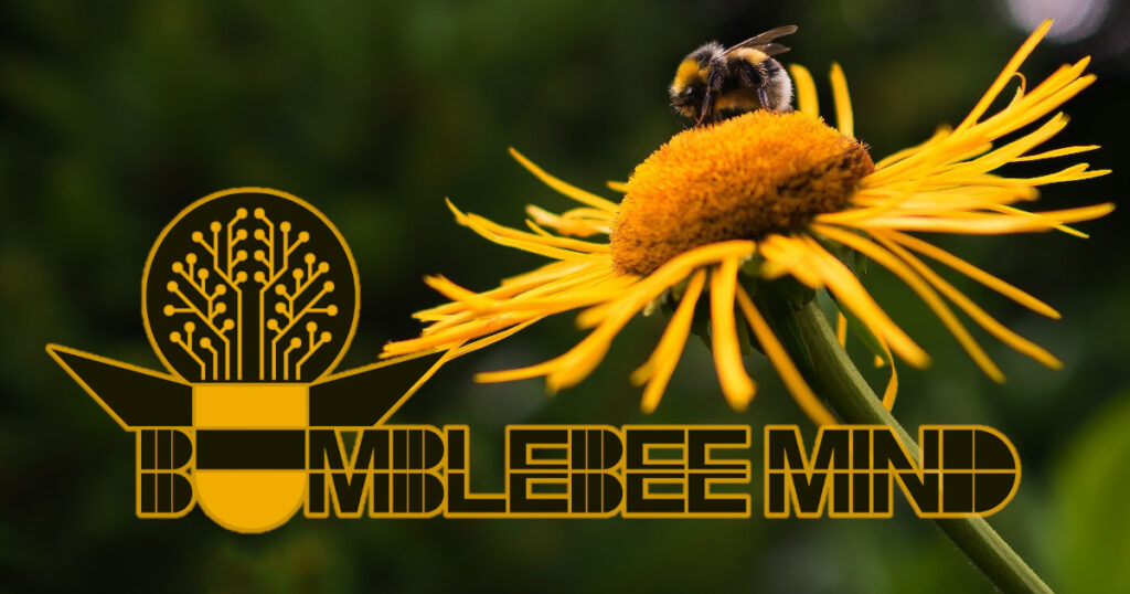 Bumblebee Mind Logo and Text with a background image of a bumblebee on a yellow flower.