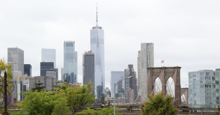 Downtown Manhattan and Brooklyn Bridge seen from Downtown Brooklyn, April 2020.